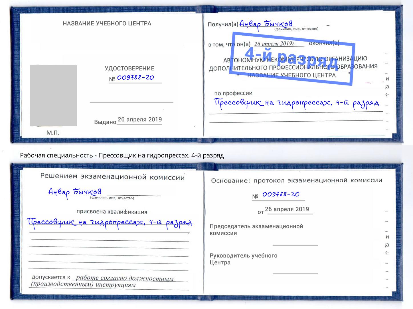 корочка 4-й разряд Прессовщик на гидропрессах Благодарный