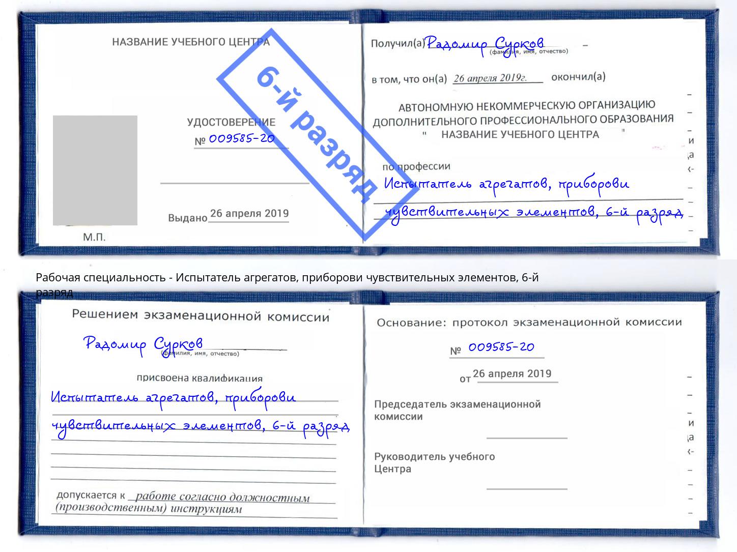 корочка 6-й разряд Испытатель агрегатов, приборови чувствительных элементов Благодарный