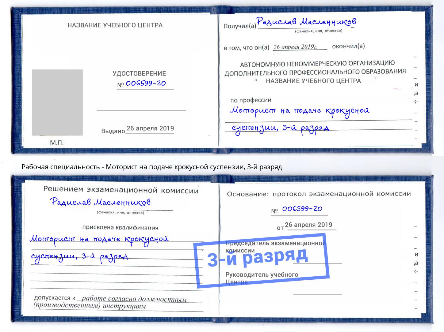 корочка 3-й разряд Моторист на подаче крокусной суспензии Благодарный
