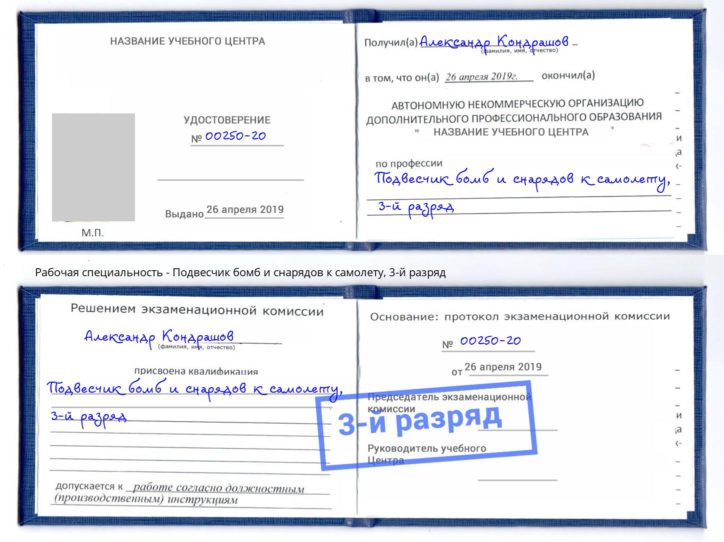 корочка 3-й разряд Подвесчик бомб и снарядов к самолету Благодарный