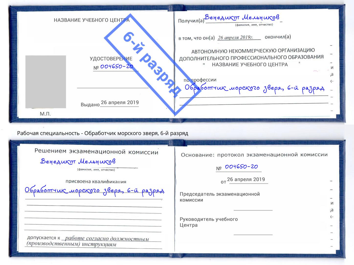 корочка 6-й разряд Обработчик морского зверя Благодарный