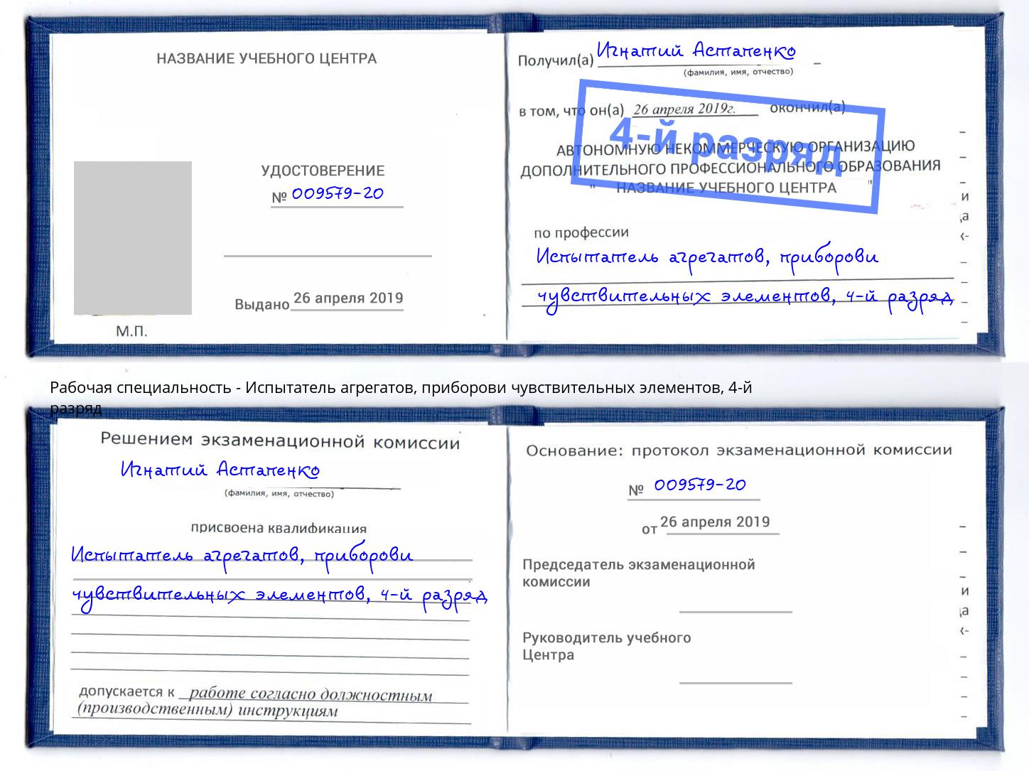 корочка 4-й разряд Испытатель агрегатов, приборови чувствительных элементов Благодарный