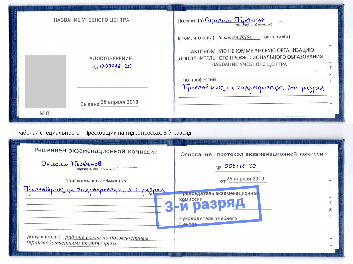 корочка 3-й разряд Прессовщик на гидропрессах Благодарный