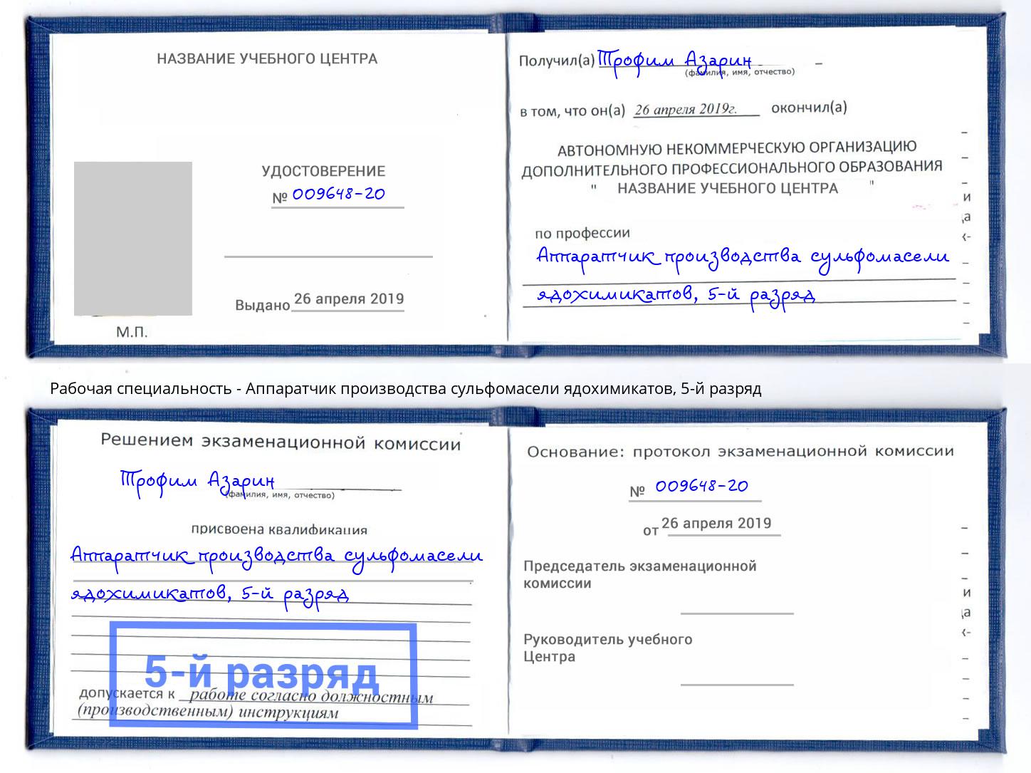 корочка 5-й разряд Аппаратчик производства сульфомасели ядохимикатов Благодарный