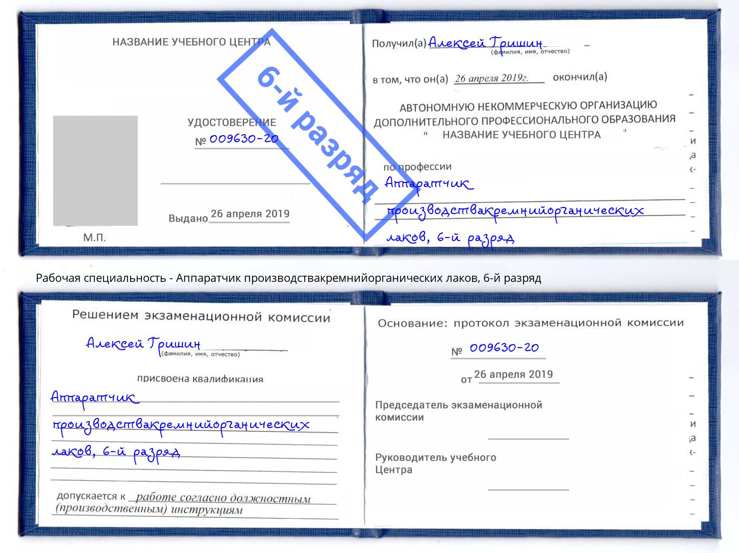 корочка 6-й разряд Аппаратчик производствакремнийорганических лаков Благодарный