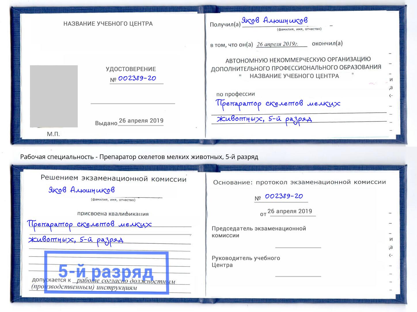 корочка 5-й разряд Препаратор скелетов мелких животных Благодарный