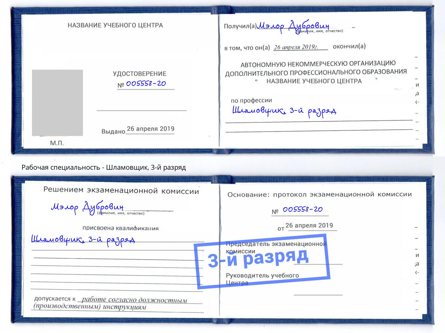 корочка 3-й разряд Шламовщик Благодарный