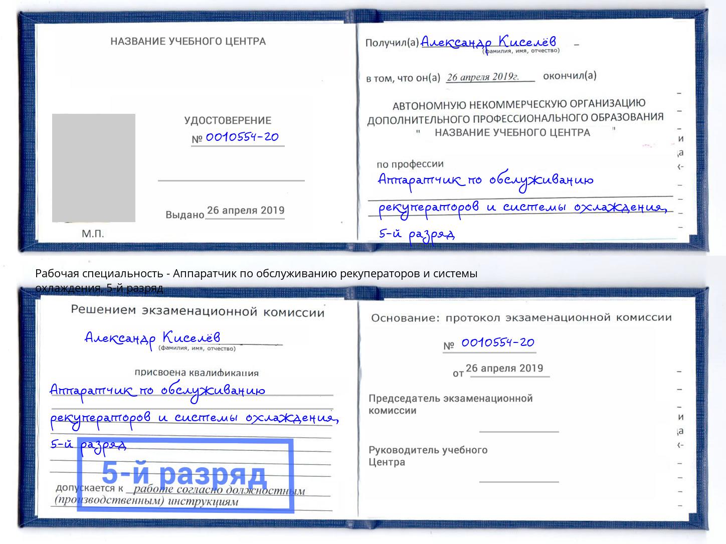 корочка 5-й разряд Аппаратчик по обслуживанию рекуператоров и системы охлаждения Благодарный