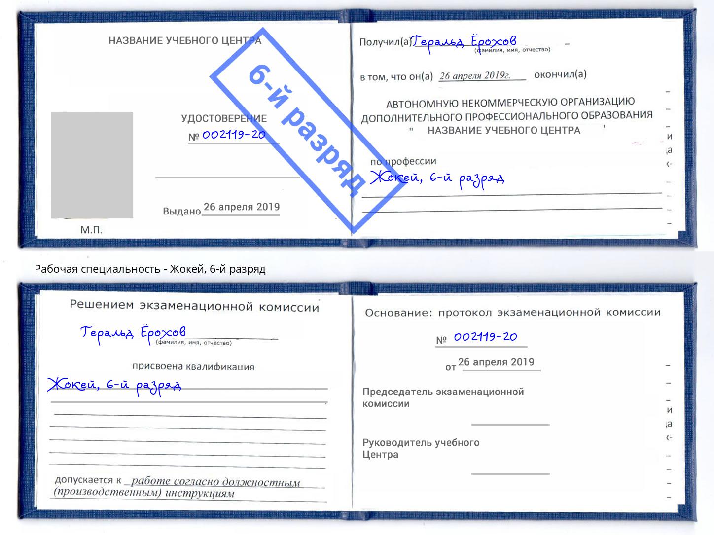 корочка 6-й разряд Жокей Благодарный