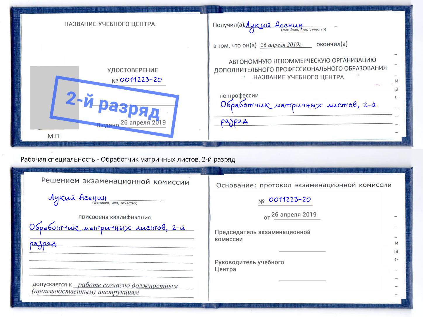 корочка 2-й разряд Обработчик матричных листов Благодарный