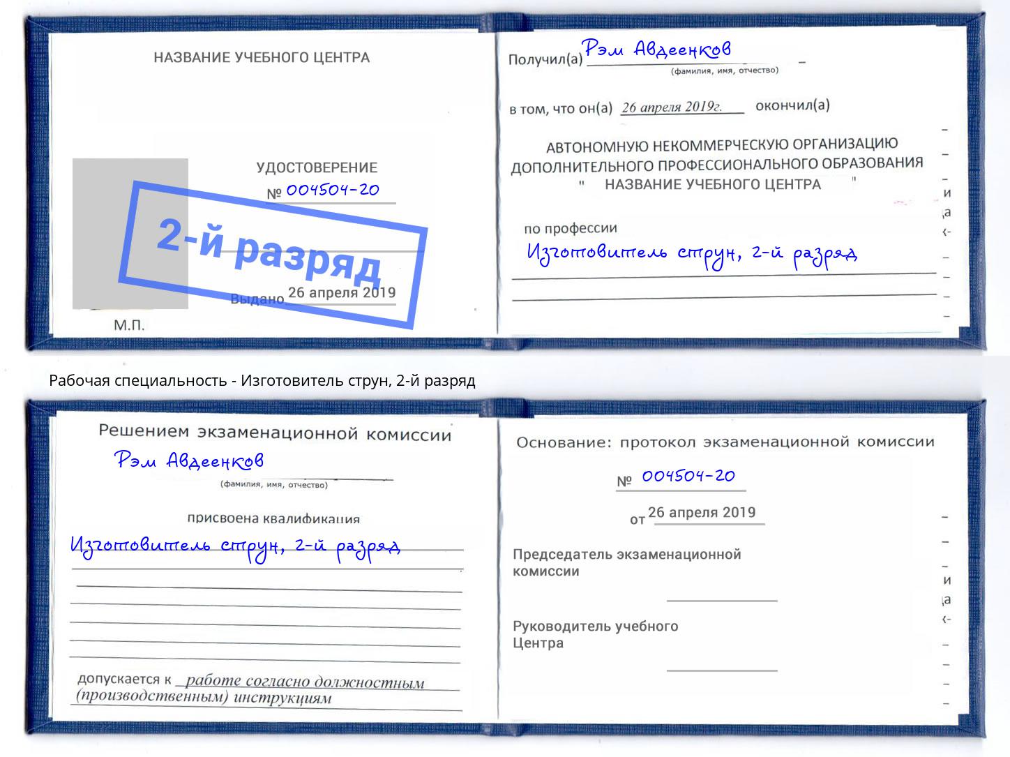 корочка 2-й разряд Изготовитель струн Благодарный
