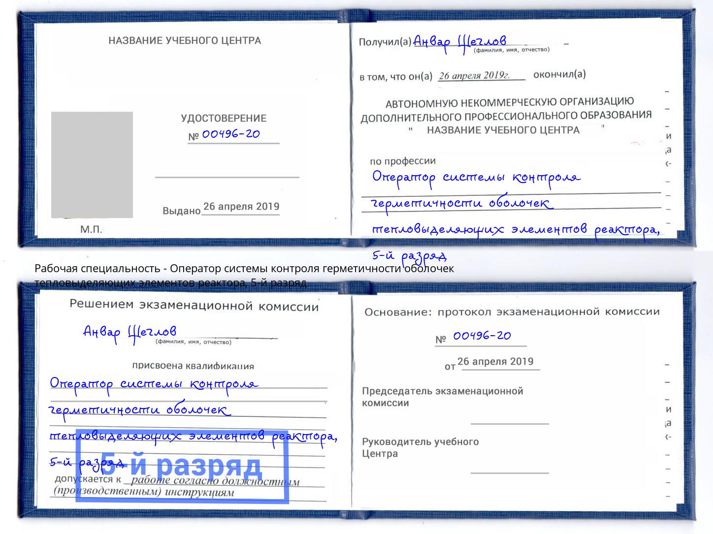 корочка 5-й разряд Оператор системы контроля герметичности оболочек тепловыделяющих элементов реактора Благодарный