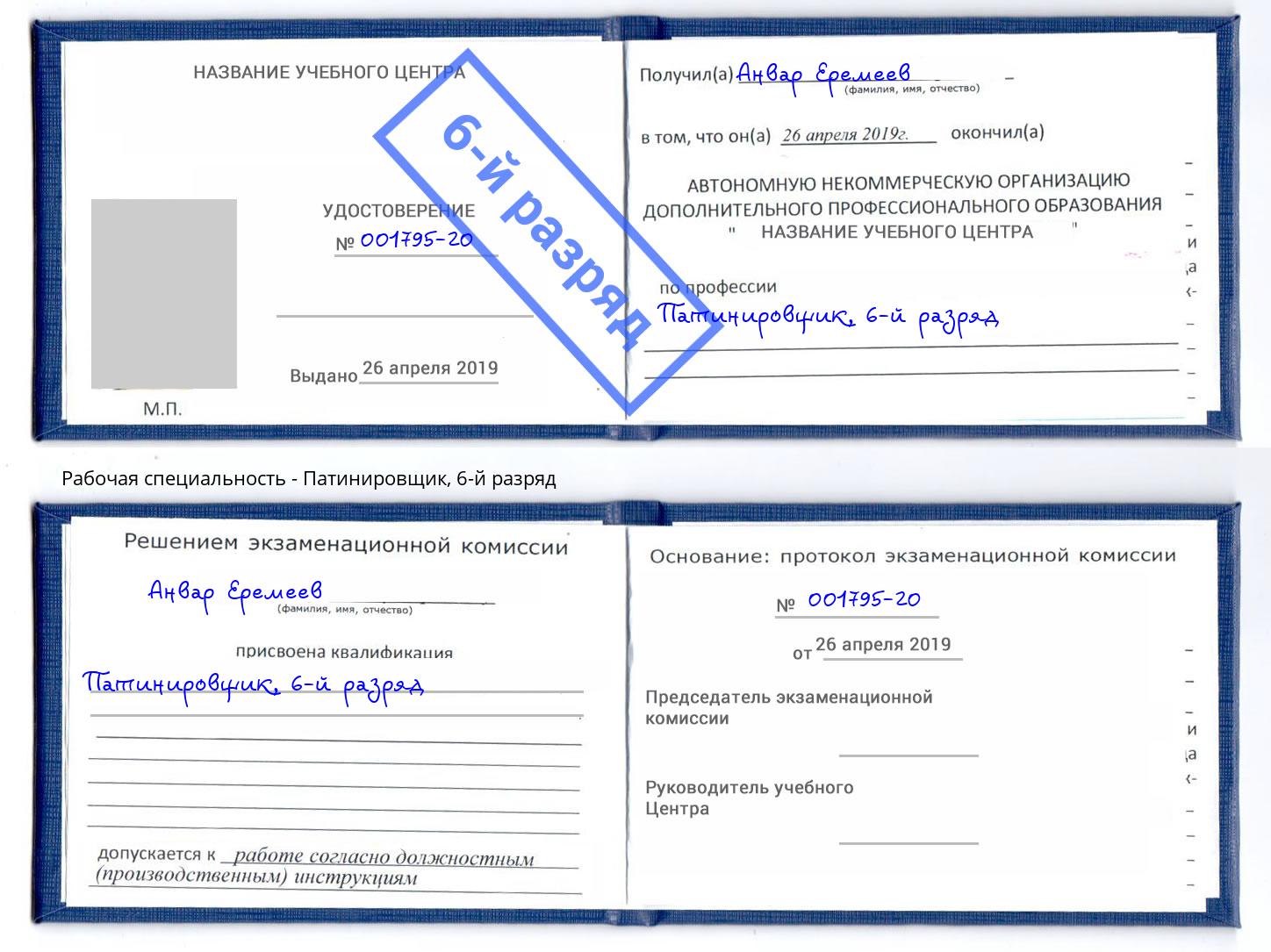 корочка 6-й разряд Патинировщик Благодарный