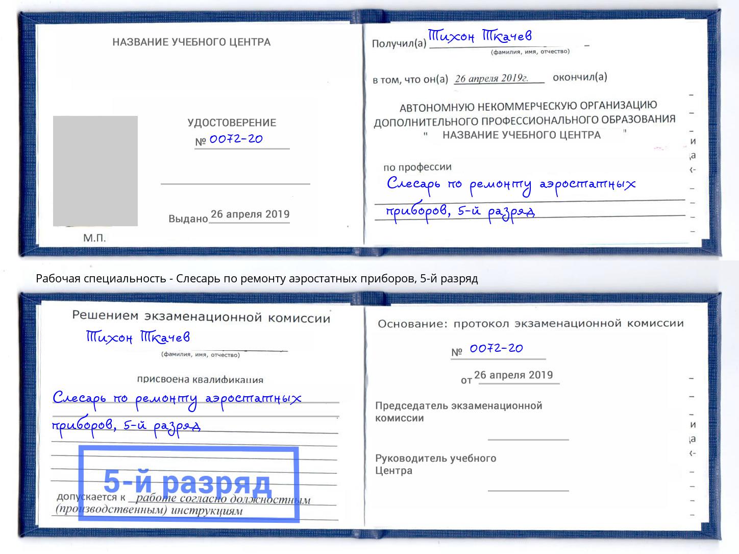 корочка 5-й разряд Слесарь по ремонту аэростатных приборов Благодарный