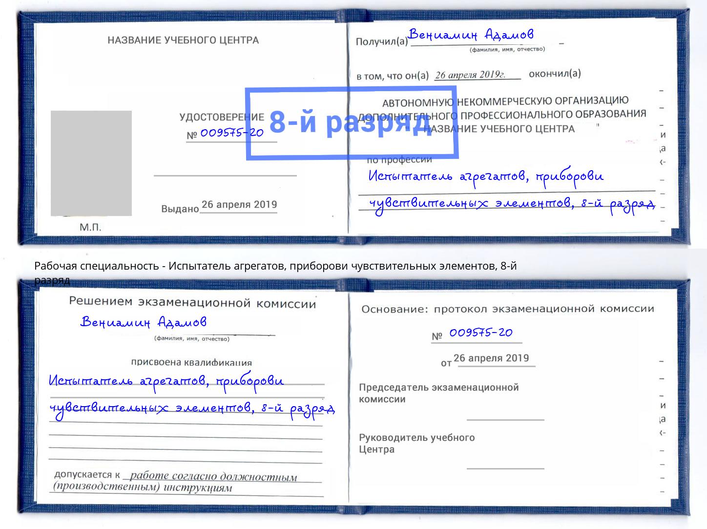 корочка 8-й разряд Испытатель агрегатов, приборови чувствительных элементов Благодарный