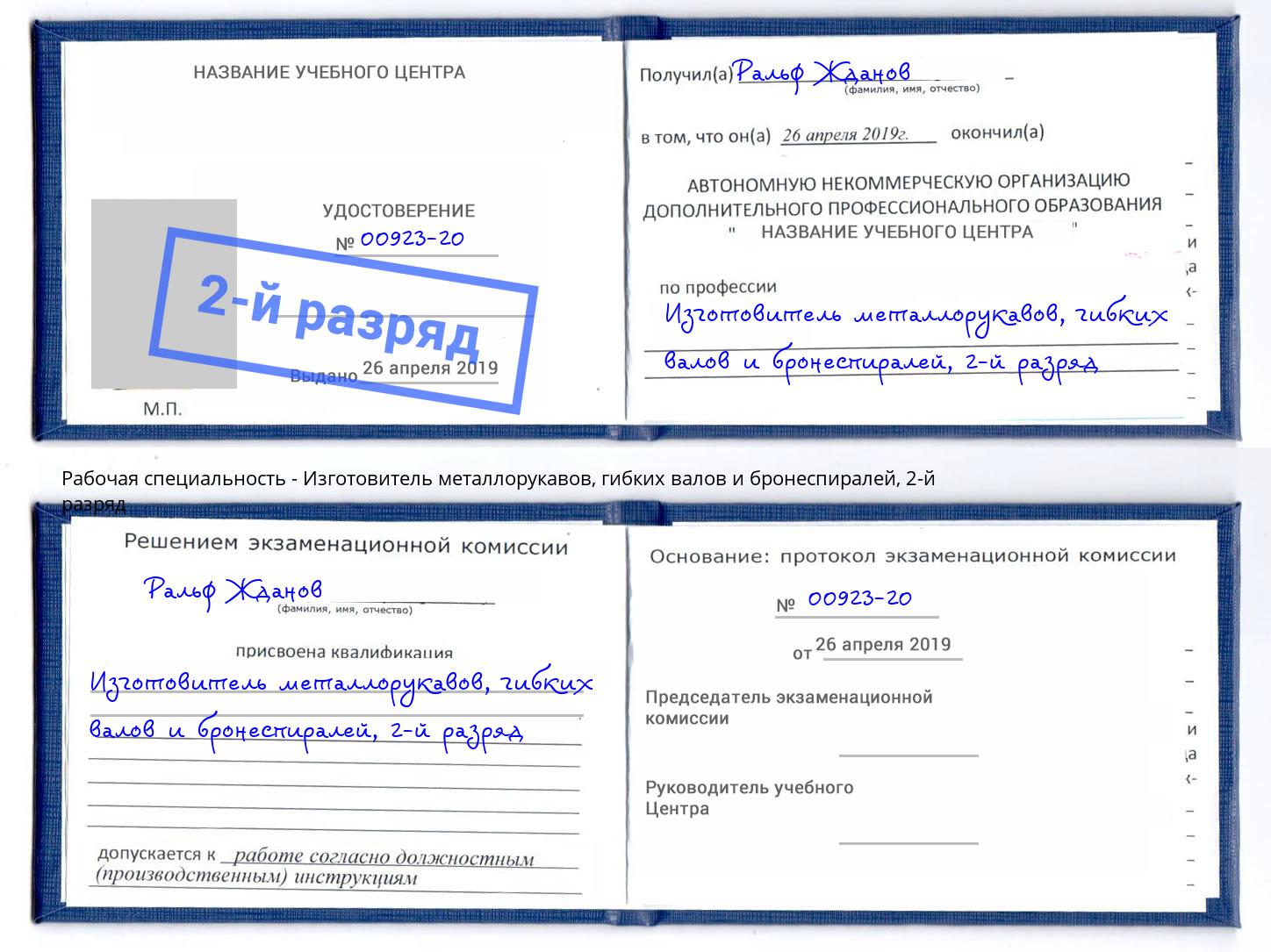 корочка 2-й разряд Изготовитель металлорукавов, гибких валов и бронеспиралей Благодарный
