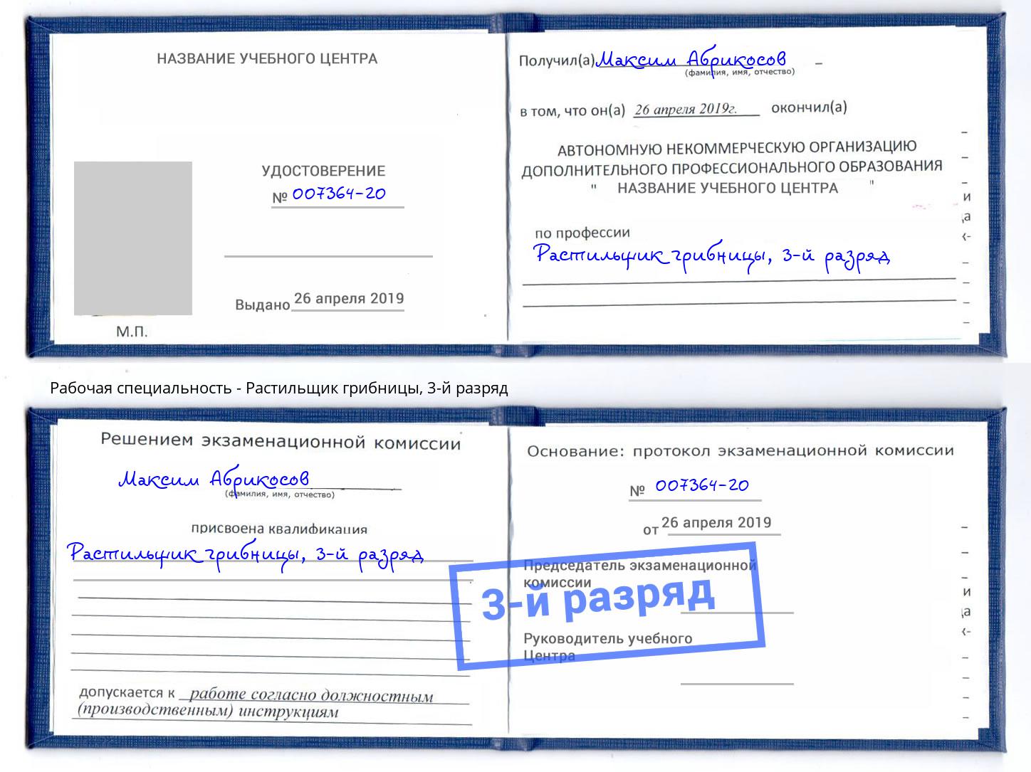 корочка 3-й разряд Растильщик грибницы Благодарный